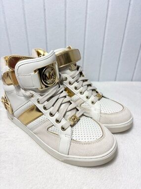 Michael Kors White and Gold High Top Sneakers with MK Hardware Size‎ 9